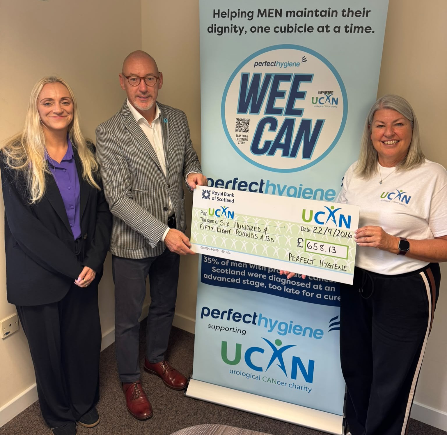 L-R: Michelle Gray, Division Manager at Perfect Hygiene, Perfect Hygiene Non-Executive Director, Graham McWilliam, and Gayle Stephen, Office Manager at UCAN (Credit: Perfect Hygiene)